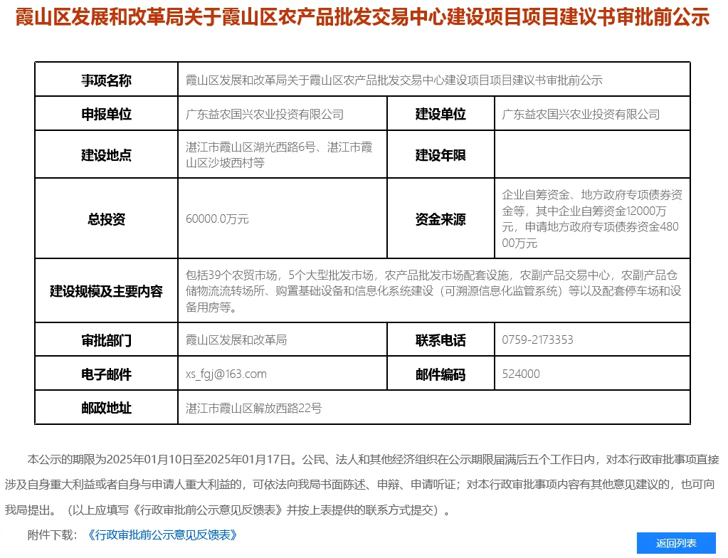 湛江市霞山区农产品批发交易中心建设项目,总投资6亿
